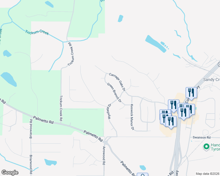 map of restaurants, bars, coffee shops, grocery stores, and more near 118 Green Branch Drive in Tyrone