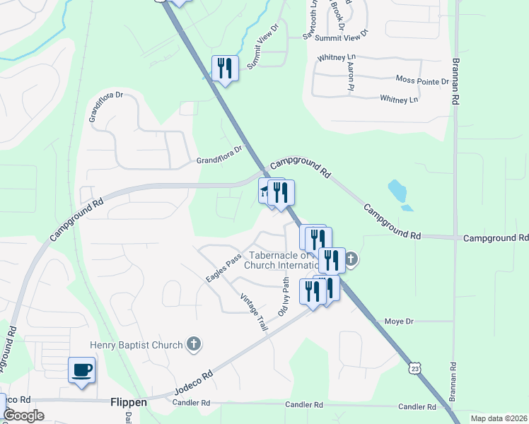 map of restaurants, bars, coffee shops, grocery stores, and more near 212 West Campground Road in McDonough
