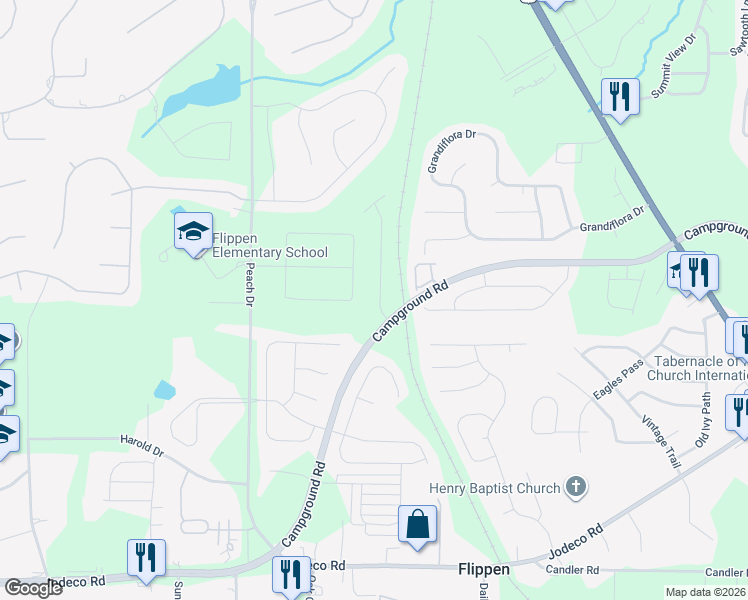 map of restaurants, bars, coffee shops, grocery stores, and more near 1257 Winwood Drive in McDonough
