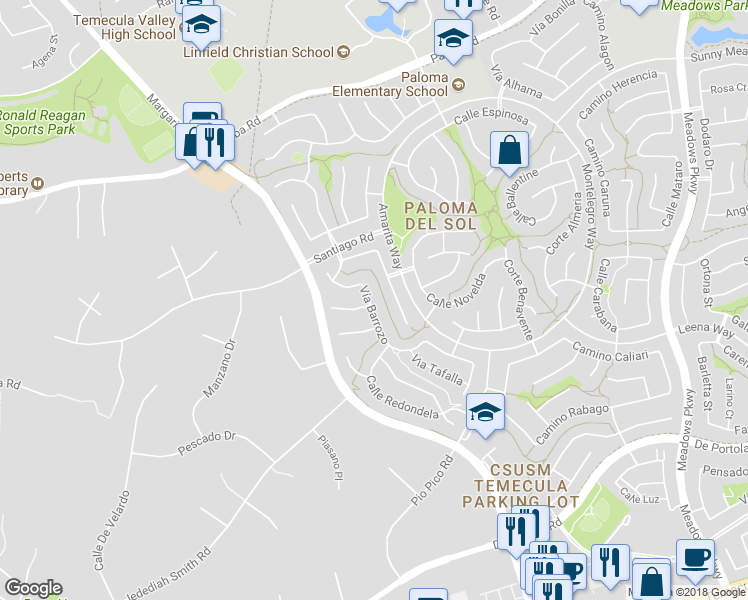 map of restaurants, bars, coffee shops, grocery stores, and more near 43430 Vía Barrozo in Temecula
