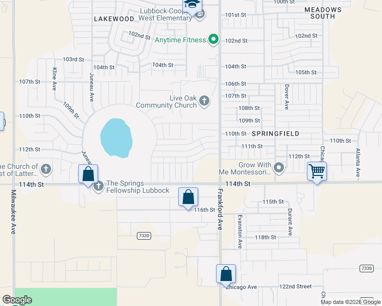 map of restaurants, bars, coffee shops, grocery stores, and more near 5823 112th St in Lubbock