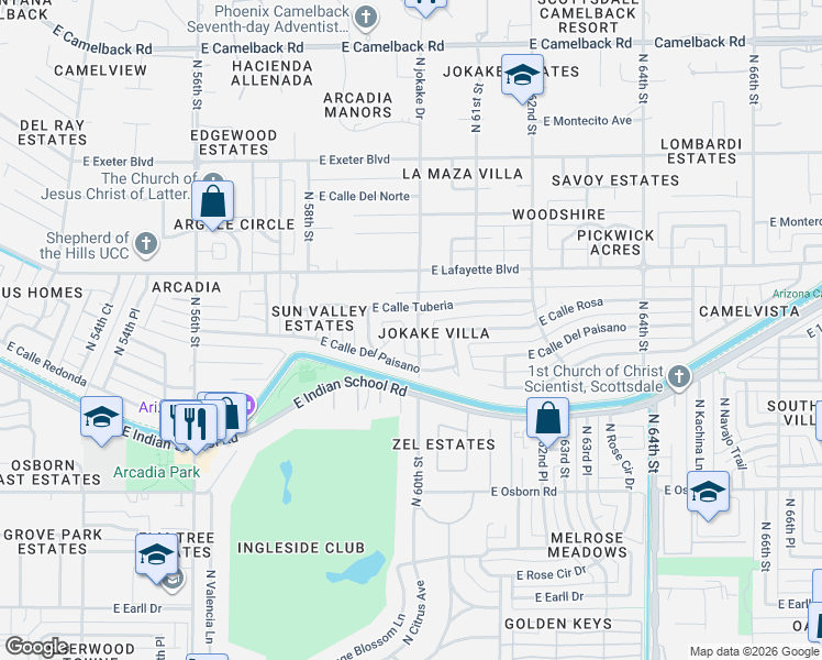 map of restaurants, bars, coffee shops, grocery stores, and more near 3822 North jokake Drive in Scottsdale