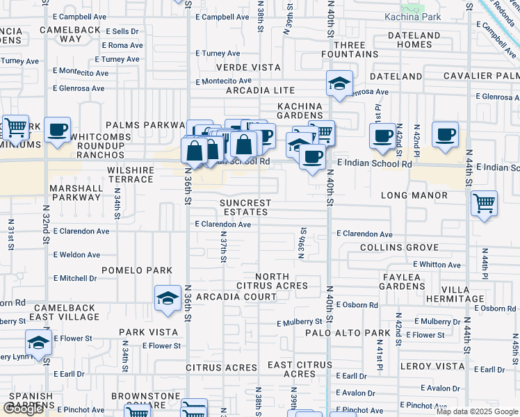 map of restaurants, bars, coffee shops, grocery stores, and more near 3746 East Clarendon Avenue in Phoenix