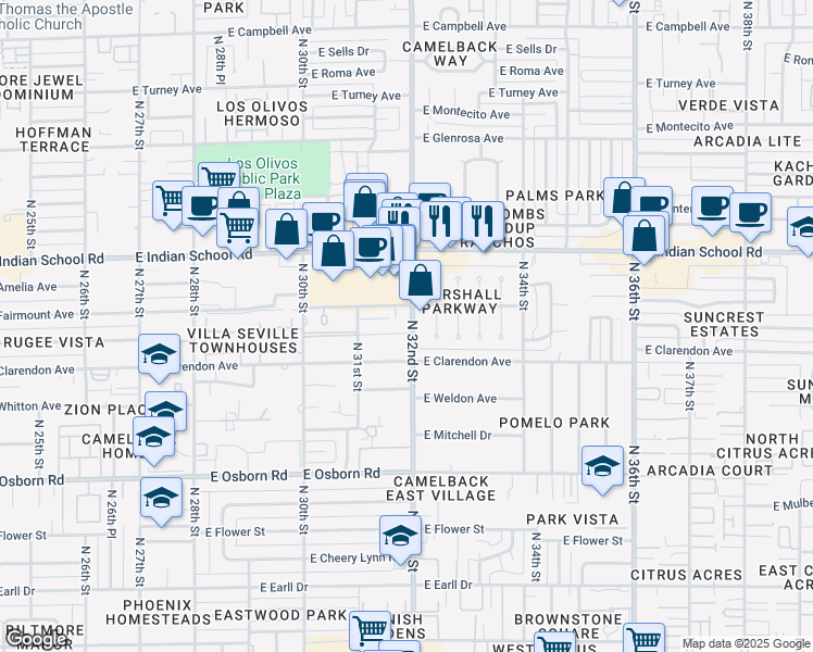 map of restaurants, bars, coffee shops, grocery stores, and more near 3818 North 32nd Place in Phoenix