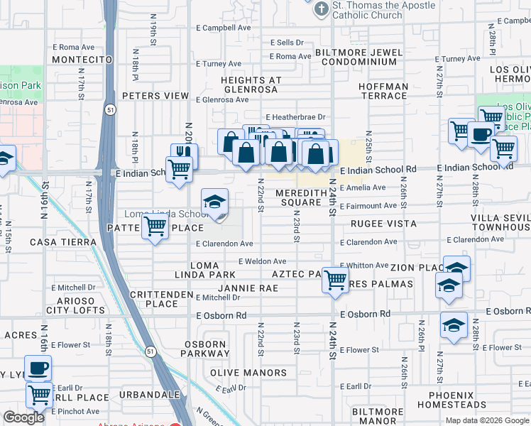 map of restaurants, bars, coffee shops, grocery stores, and more near 3820 North 22nd Street in Phoenix