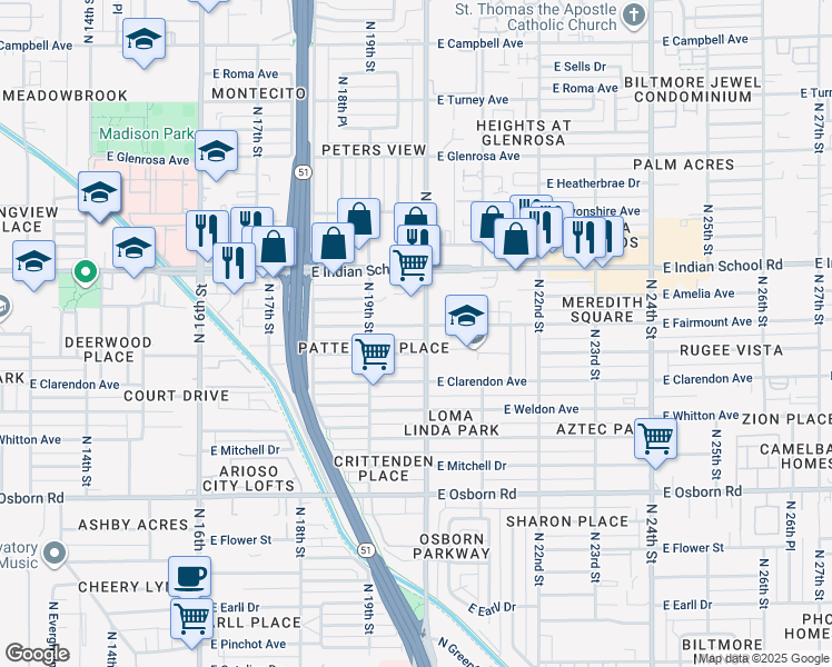 map of restaurants, bars, coffee shops, grocery stores, and more near 3818 North 20th Street in Phoenix