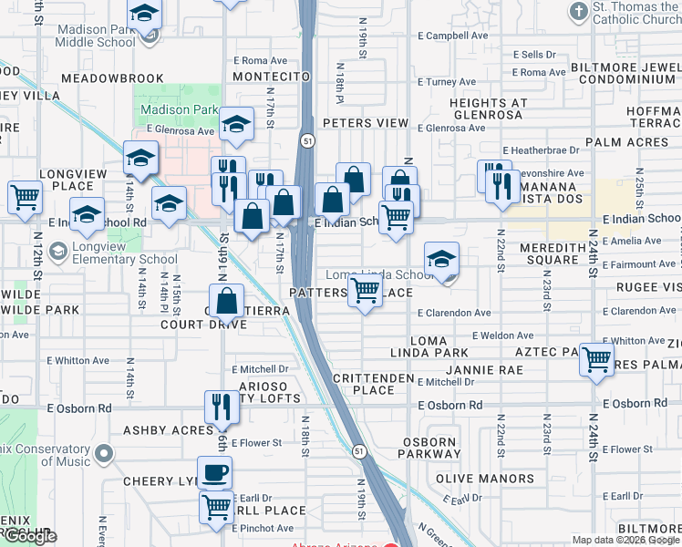 map of restaurants, bars, coffee shops, grocery stores, and more near 1815 East Indianola Avenue in Phoenix