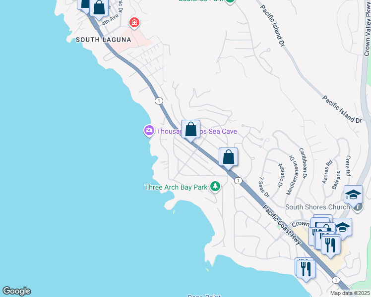 map of restaurants, bars, coffee shops, grocery stores, and more near 7 North Alta Mira Road in Laguna Beach