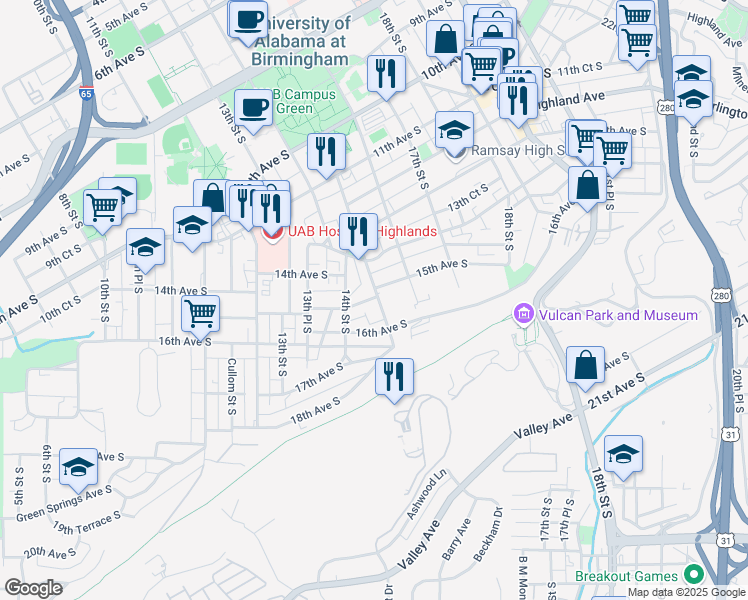 map of restaurants, bars, coffee shops, grocery stores, and more near 1542 15th Street South in Birmingham