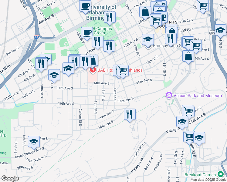 map of restaurants, bars, coffee shops, grocery stores, and more near 1510 14th Street South in Birmingham