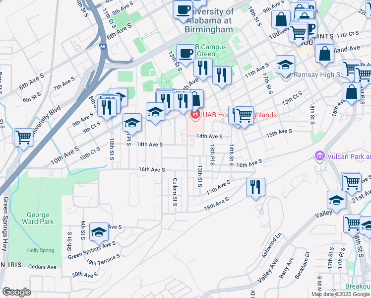 map of restaurants, bars, coffee shops, grocery stores, and more near 1215 15th Avenue South in Birmingham