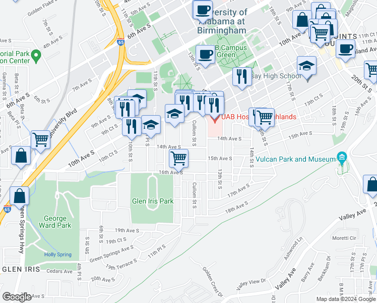 map of restaurants, bars, coffee shops, grocery stores, and more near 1164 16th Avenue South in Birmingham