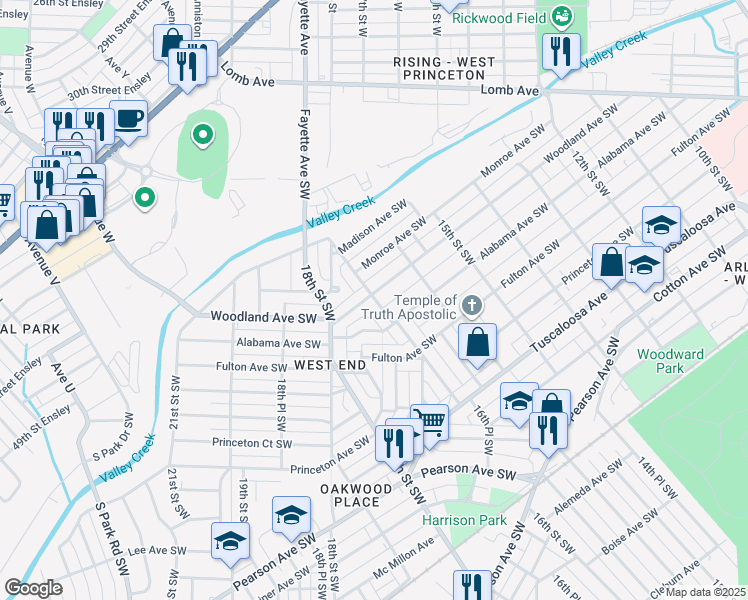map of restaurants, bars, coffee shops, grocery stores, and more near 322 16th Place Southwest in Birmingham