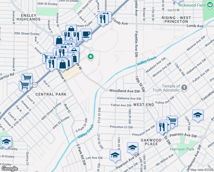 map of restaurants, bars, coffee shops, grocery stores, and more near 1917 Woodland Avenue Southwest in Birmingham