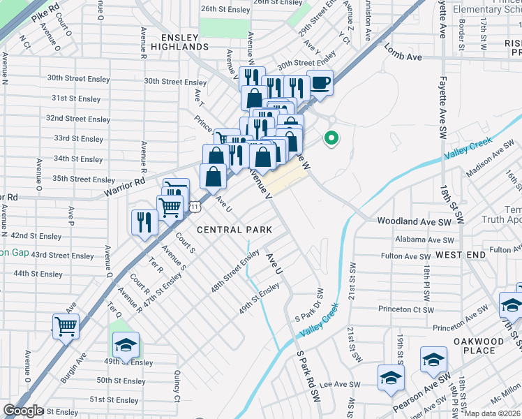 map of restaurants, bars, coffee shops, grocery stores, and more near 2112 47th Place Ensley in Birmingham
