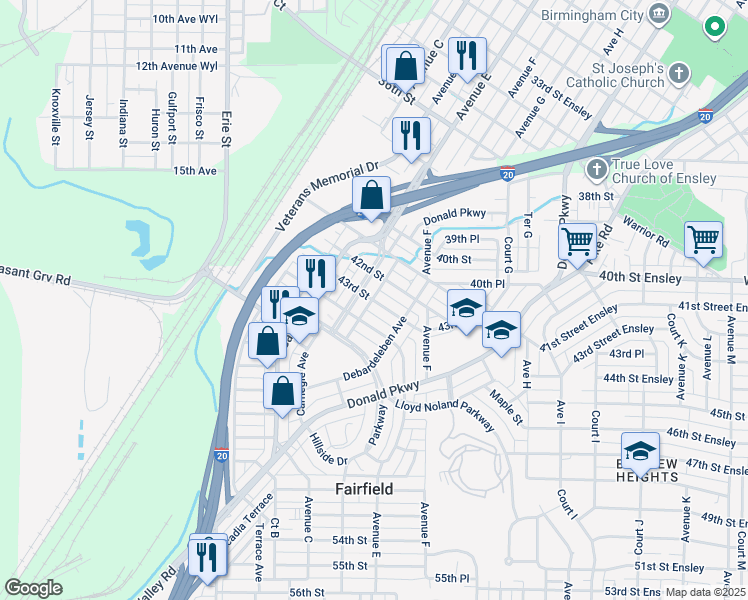 map of restaurants, bars, coffee shops, grocery stores, and more near 522 44th Street Ensley in Fairfield