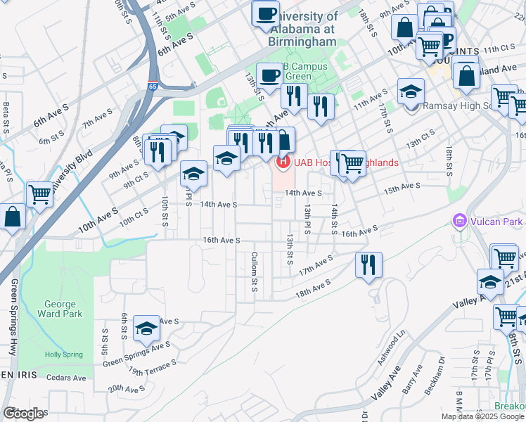 map of restaurants, bars, coffee shops, grocery stores, and more near 1164 16th Avenue South in Birmingham