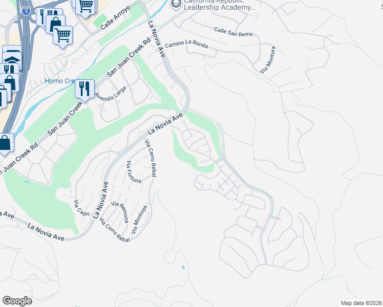 map of restaurants, bars, coffee shops, grocery stores, and more near 27982 Camino Del Rio in San Juan Capistrano