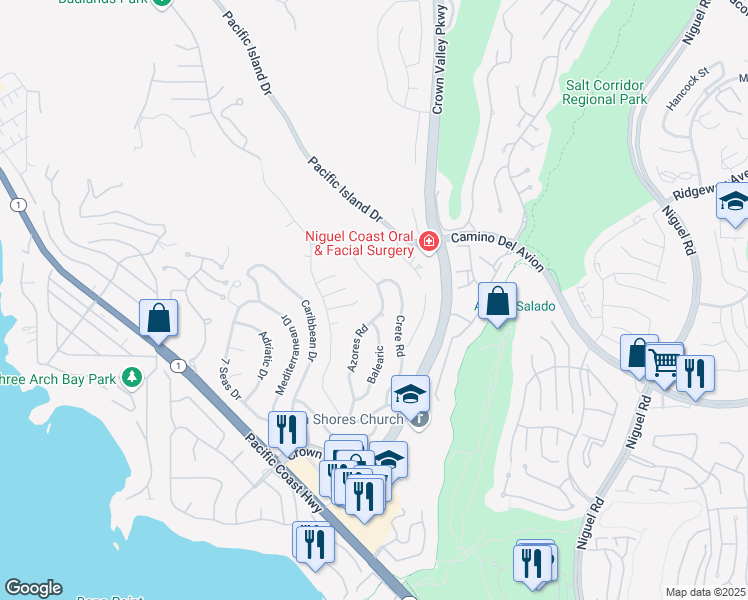 map of restaurants, bars, coffee shops, grocery stores, and more near 32321 Azores Road in Dana Point