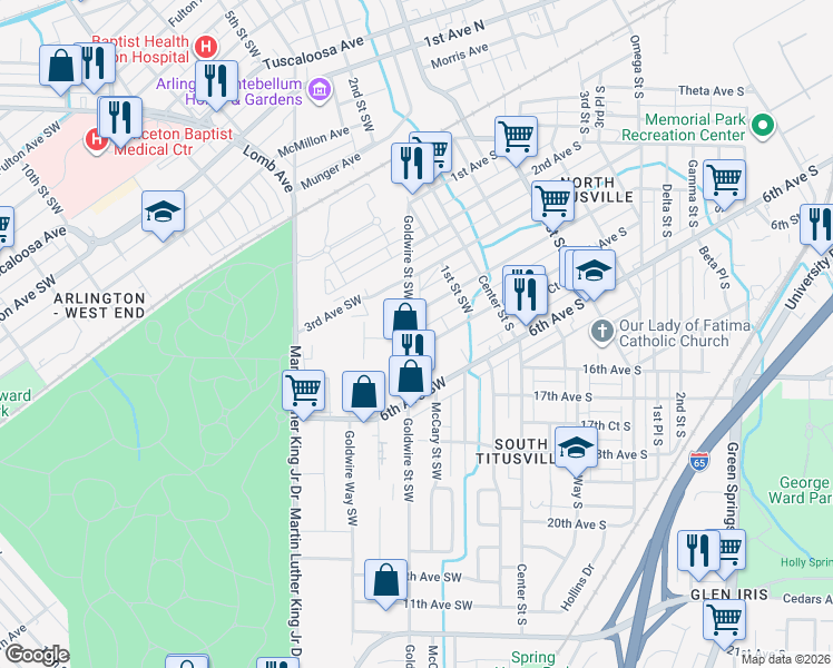 map of restaurants, bars, coffee shops, grocery stores, and more near 165 5th Avenue Southwest in Birmingham