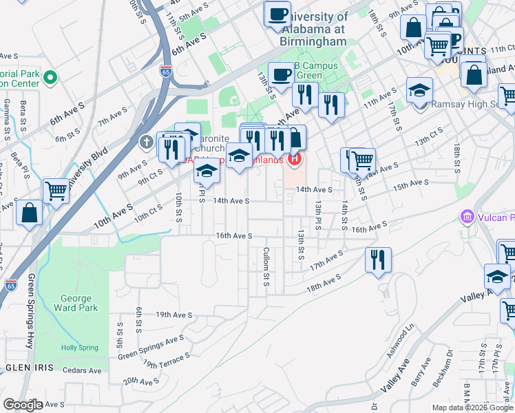 map of restaurants, bars, coffee shops, grocery stores, and more near 1141 14th Avenue South in Birmingham