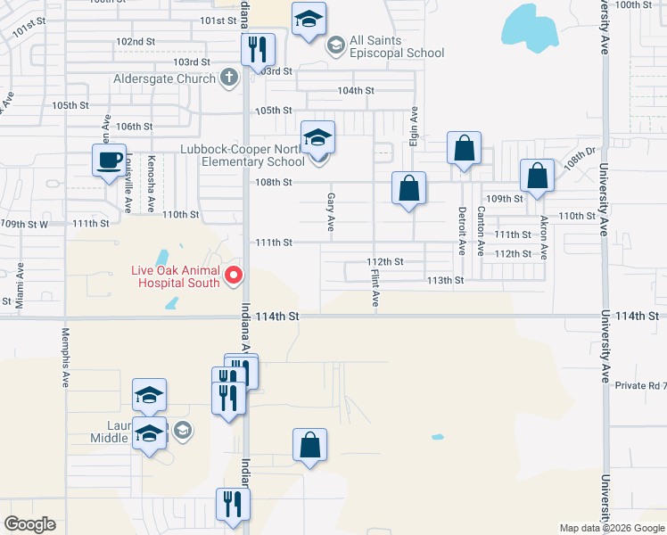 map of restaurants, bars, coffee shops, grocery stores, and more near 3123 113th Street in Lubbock