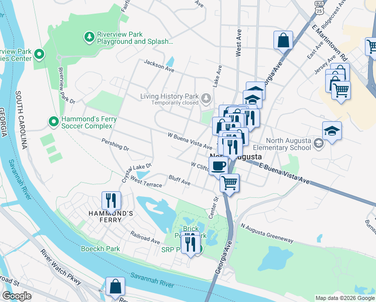 map of restaurants, bars, coffee shops, grocery stores, and more near 217 West Clifton Avenue in North Augusta