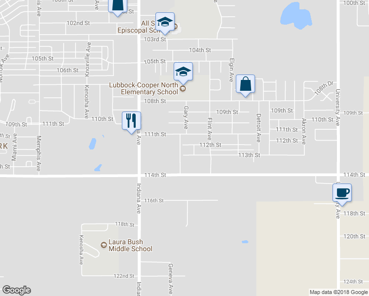 map of restaurants, bars, coffee shops, grocery stores, and more near 3211 112th Street in Lubbock