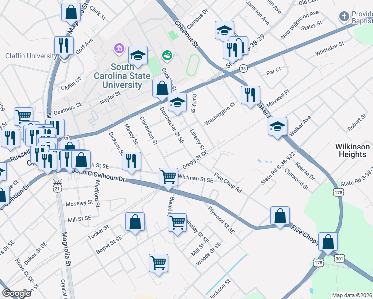 map of restaurants, bars, coffee shops, grocery stores, and more near 309 Dorchester Street Southeast in Orangeburg