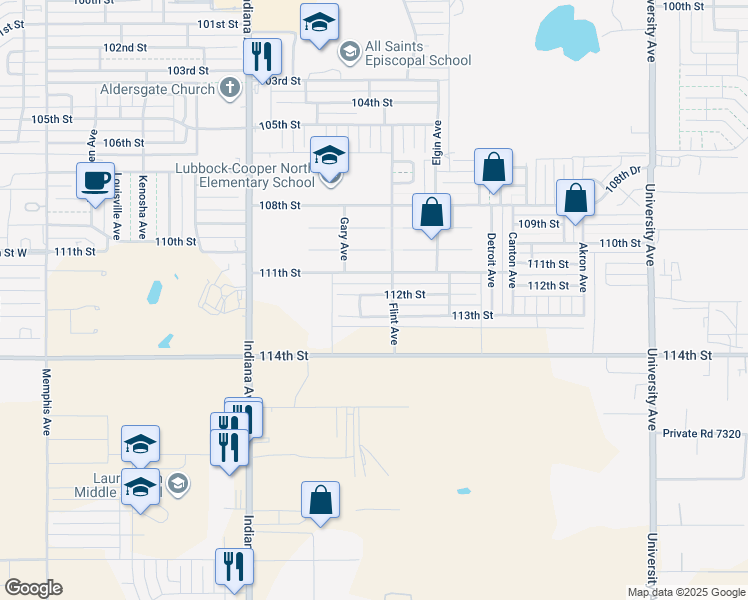 map of restaurants, bars, coffee shops, grocery stores, and more near 3111 112th Street in Lubbock