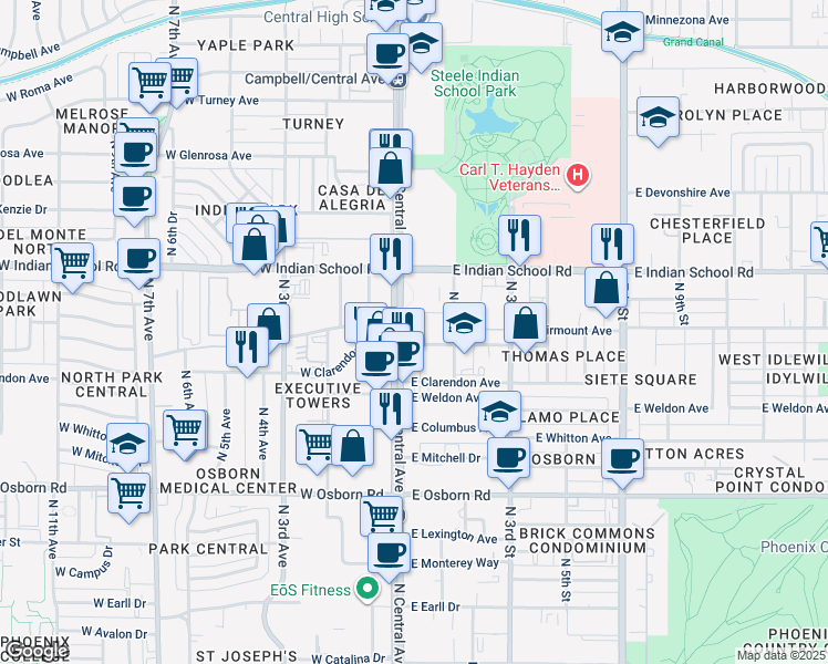 map of restaurants, bars, coffee shops, grocery stores, and more near 4001 North Central Avenue in Phoenix