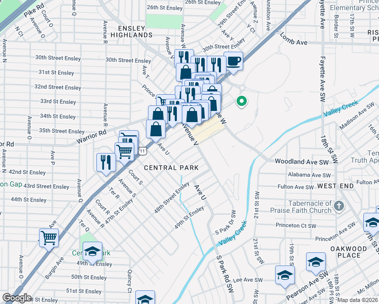 map of restaurants, bars, coffee shops, grocery stores, and more near 2145 46th Place Ensley in Birmingham
