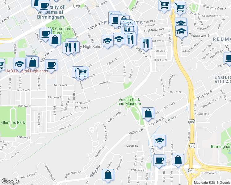 map of restaurants, bars, coffee shops, grocery stores, and more near 1716 16th Avenue South in Birmingham