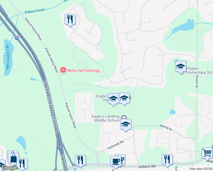 map of restaurants, bars, coffee shops, grocery stores, and more near 114 Augusta Drive in McDonough