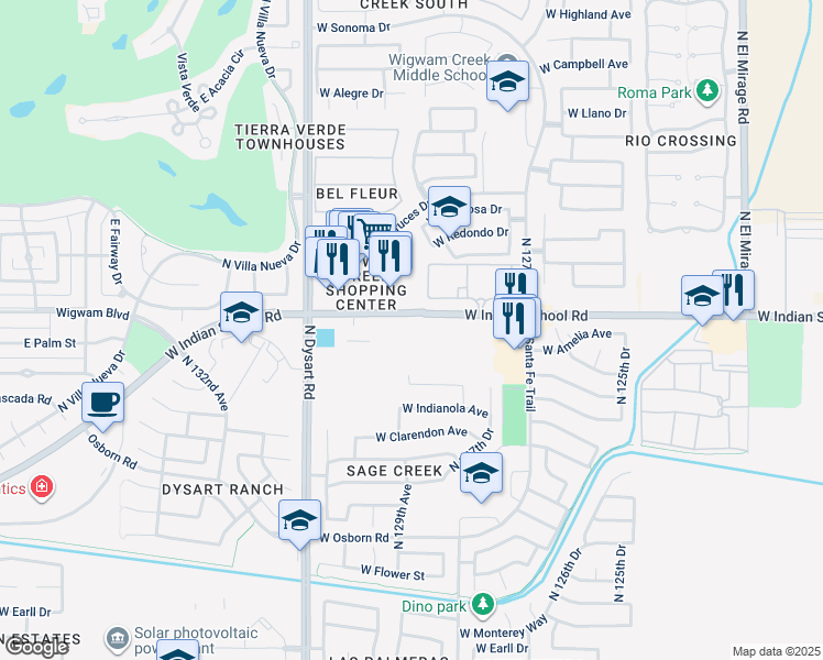 map of restaurants, bars, coffee shops, grocery stores, and more near 12905 West Indian School Road in Avondale