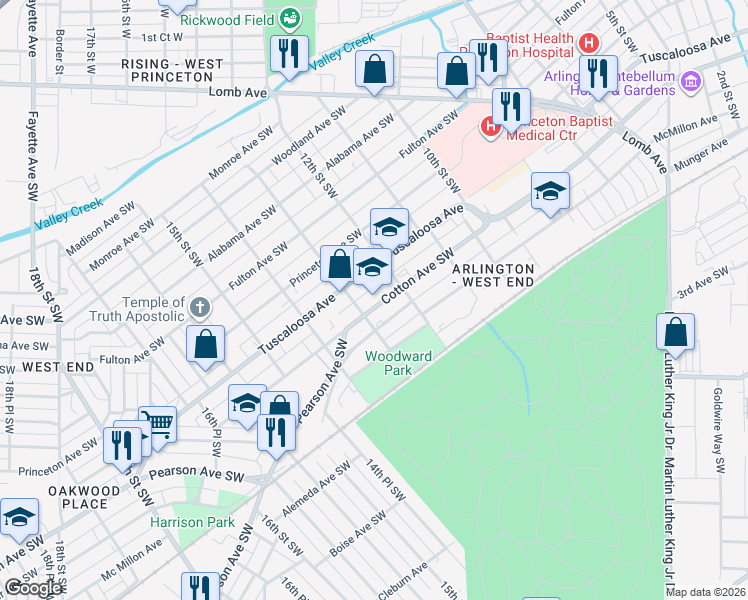 map of restaurants, bars, coffee shops, grocery stores, and more near 714 12th Street Southwest in Birmingham