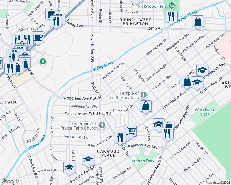 map of restaurants, bars, coffee shops, grocery stores, and more near 1628 Woodland Avenue Southwest in Birmingham