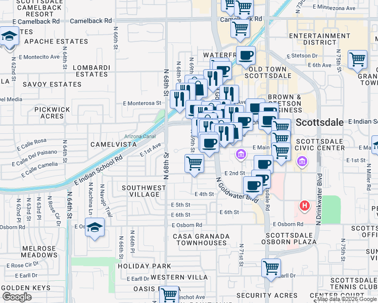 map of restaurants, bars, coffee shops, grocery stores, and more near 6850 East Main Street in Scottsdale