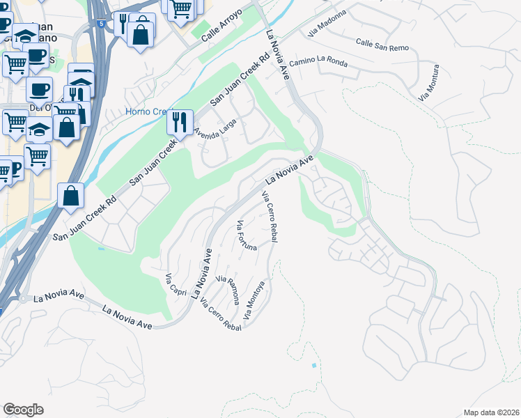 map of restaurants, bars, coffee shops, grocery stores, and more near 27519 Via Fortuna in San Juan Capistrano