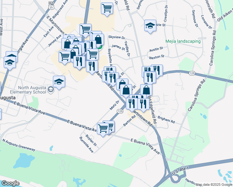 map of restaurants, bars, coffee shops, grocery stores, and more near East Martintown Road in North Augusta
