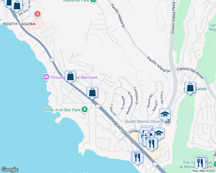 map of restaurants, bars, coffee shops, grocery stores, and more near 22882 Via Cordova in Dana Point