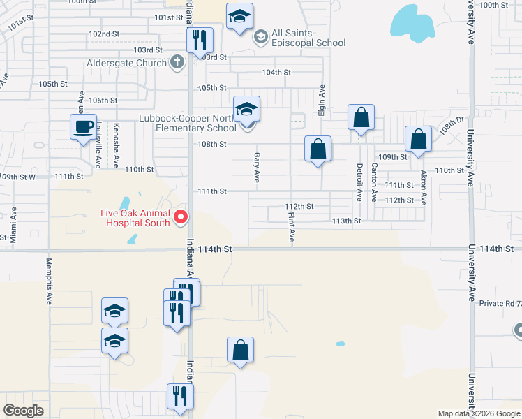 map of restaurants, bars, coffee shops, grocery stores, and more near 3123 111th Street in Lubbock