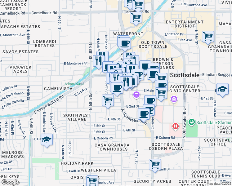map of restaurants, bars, coffee shops, grocery stores, and more near 6939 East 1st Avenue in Scottsdale