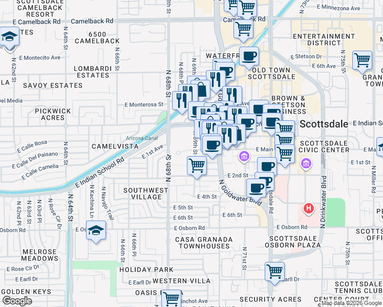 map of restaurants, bars, coffee shops, grocery stores, and more near 6850 East Main Street in Scottsdale