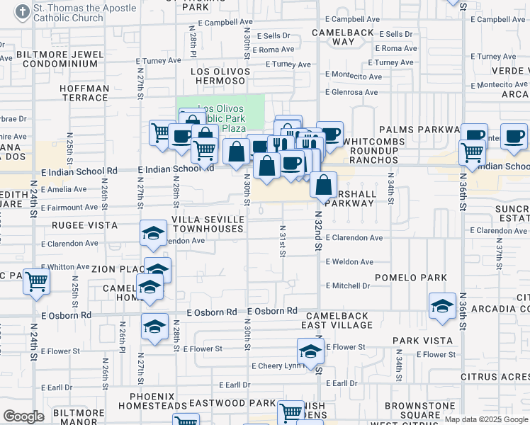 map of restaurants, bars, coffee shops, grocery stores, and more near 8 North 31st Street in Phoenix