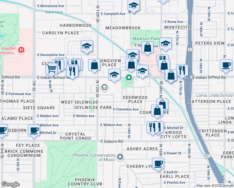 map of restaurants, bars, coffee shops, grocery stores, and more near 1353 East Amelia Avenue in Phoenix