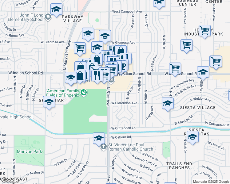 map of restaurants, bars, coffee shops, grocery stores, and more near 4011 North 51st Avenue in Phoenix