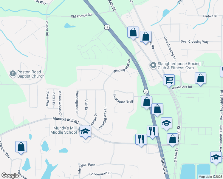 map of restaurants, bars, coffee shops, grocery stores, and more near 9588 Winding Way Lane in Jonesboro