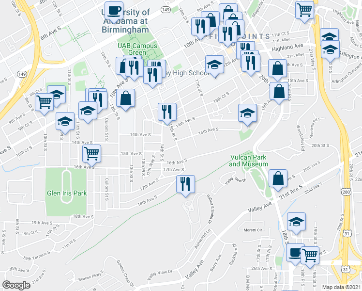 map of restaurants, bars, coffee shops, grocery stores, and more near 1500 15th Avenue South in Birmingham