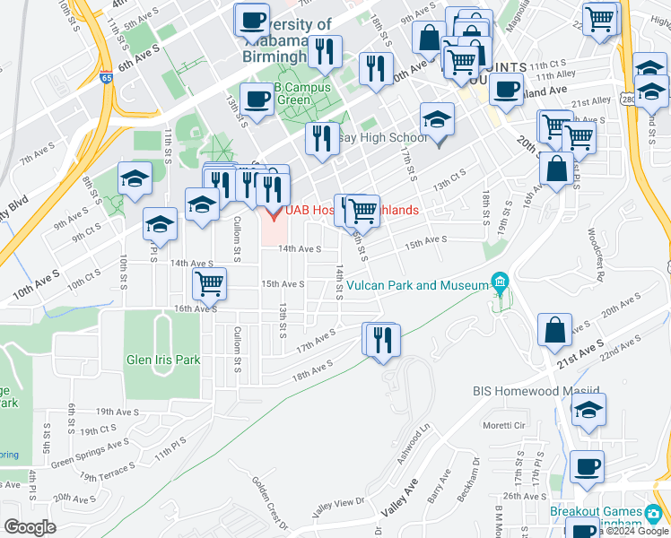map of restaurants, bars, coffee shops, grocery stores, and more near 1355 14th Avenue South in Birmingham